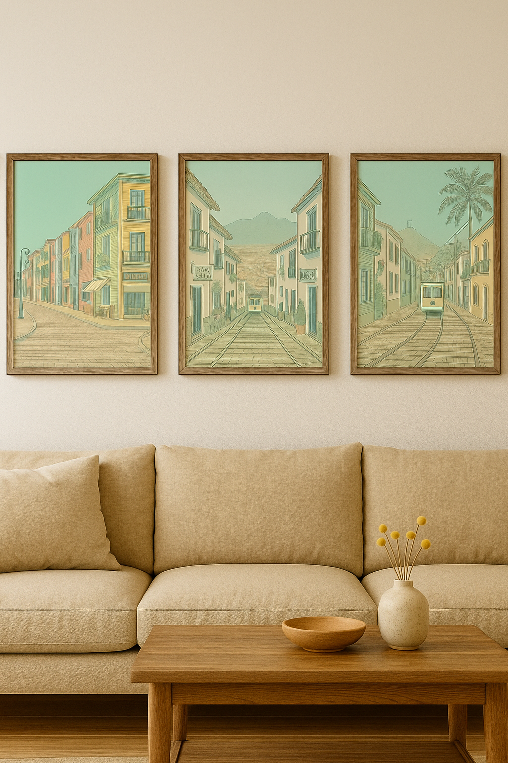 Three framed artworks of street scenes above a beige sofa in a living room