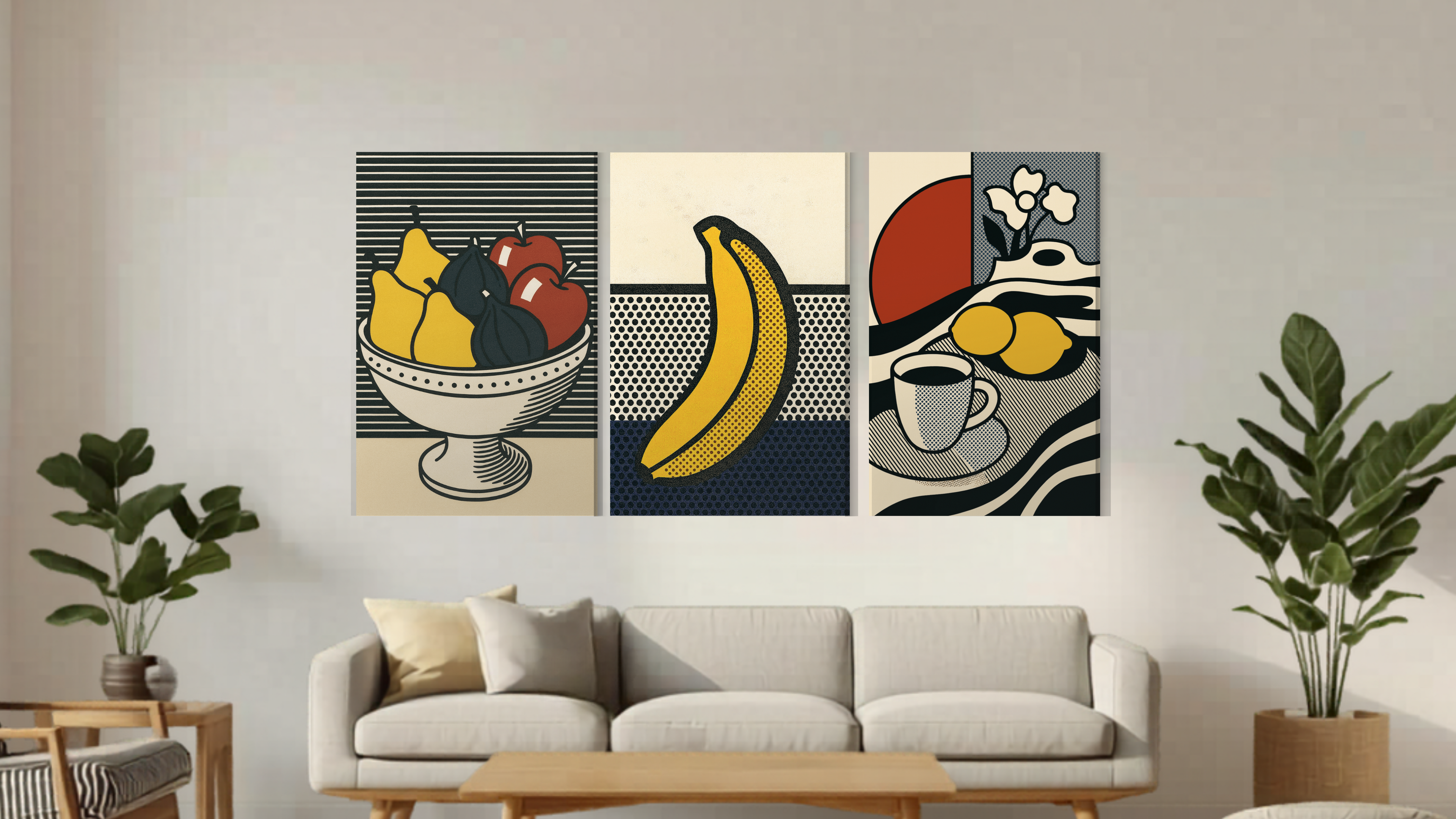 Modern living room with pop art on the wall and decorative plants.